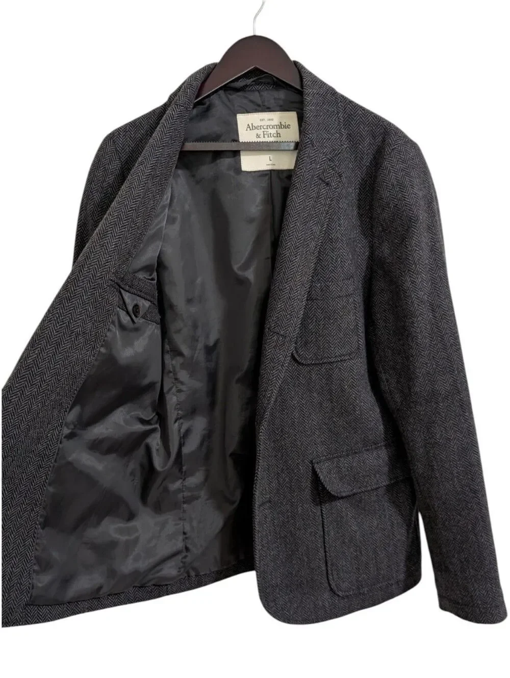 Abercrombie & Fitch Men's Wool Blend Herringbone Blazer Jacket Charcoal Gray L